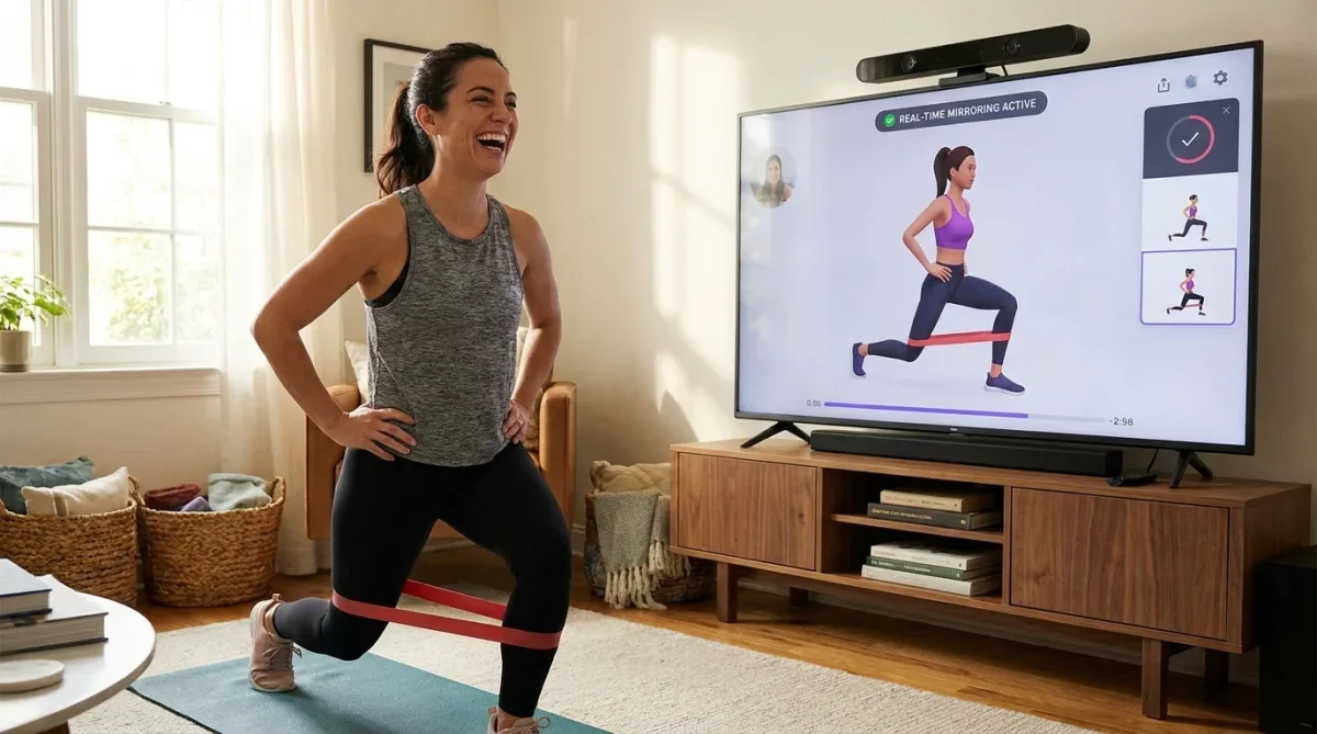 Pessoa realizando exercícios físicos em frente à tela de televisão acompanhando avatar virtual