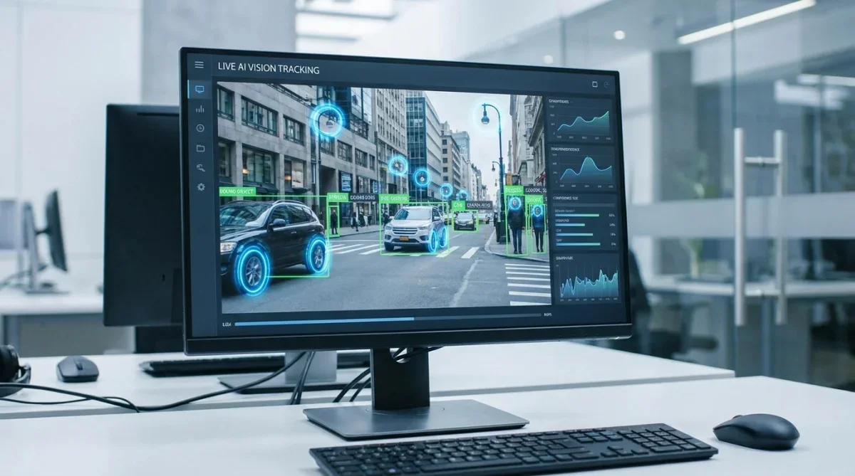 Interface de visão computacional com caixas delimitadoras rastreando objetos