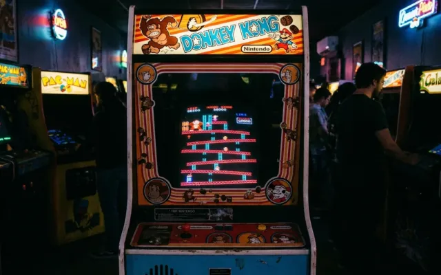 Gabinete clássico de arcade do jogo Donkey Kong iluminado em uma sala retrô