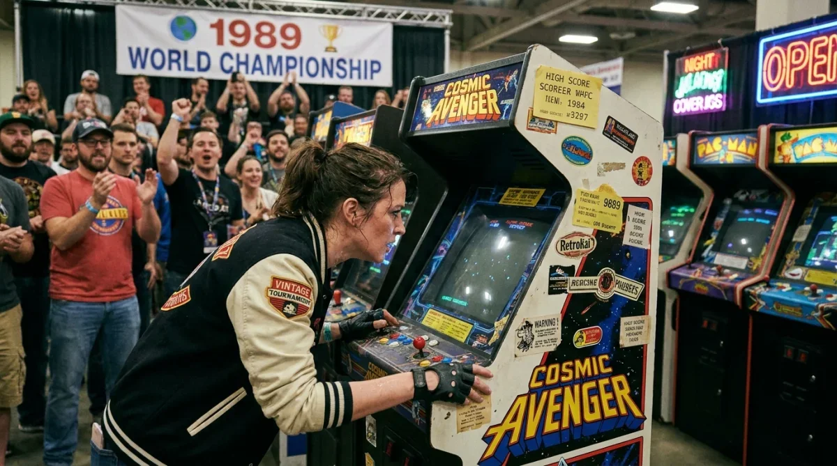 Jogador disputando torneio competitivo em máquina clássica de arcade