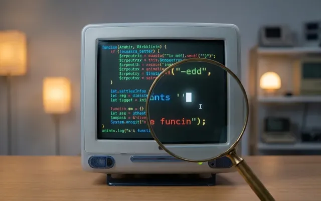 Monitor de computador antigo exibindo código fonte com destaque para caractere de espaço