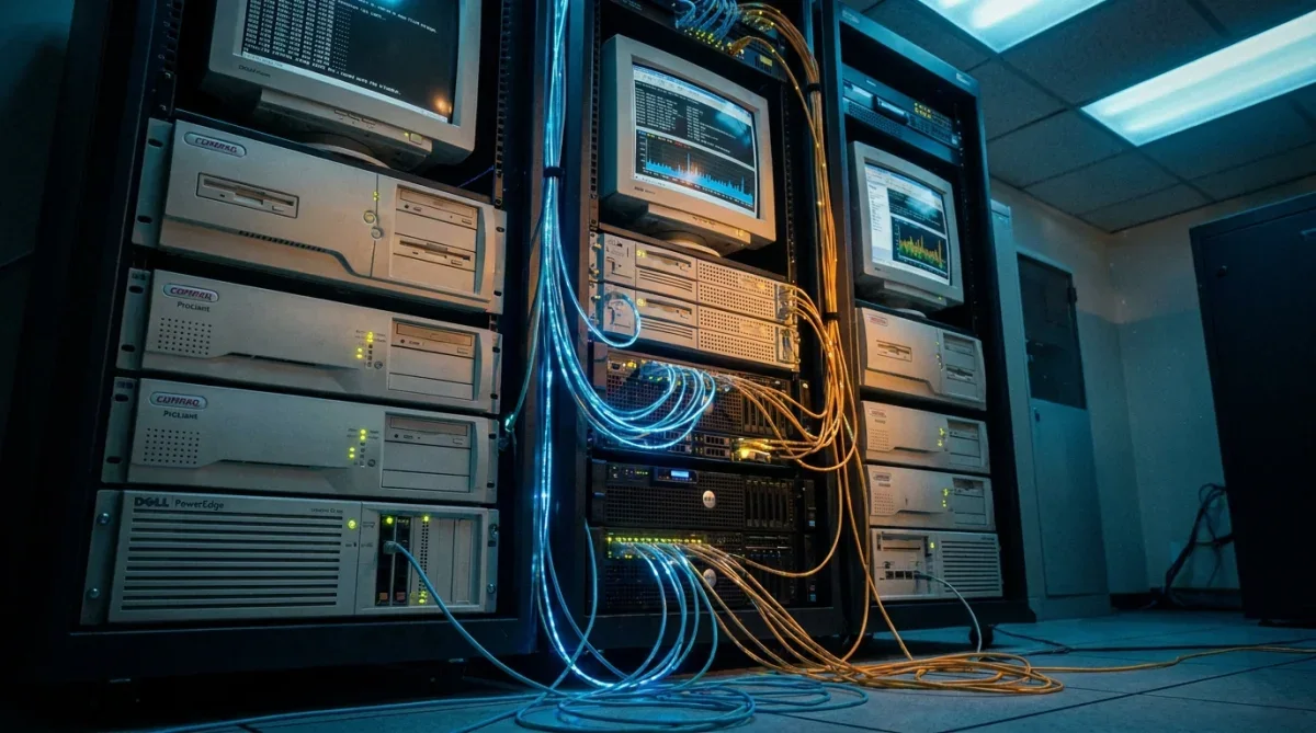 Servidores de internet do início dos anos 2000 com luzes de rede