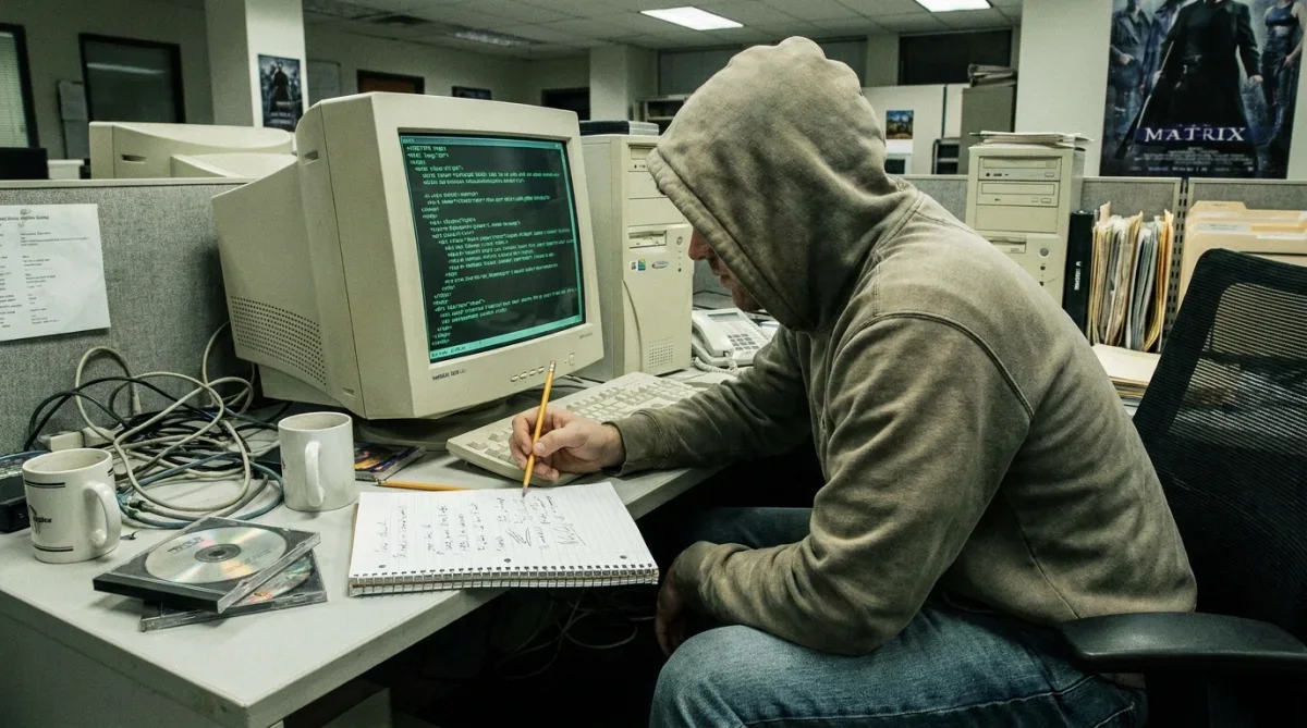 Programador analisando código HTML em monitor CRT antigo