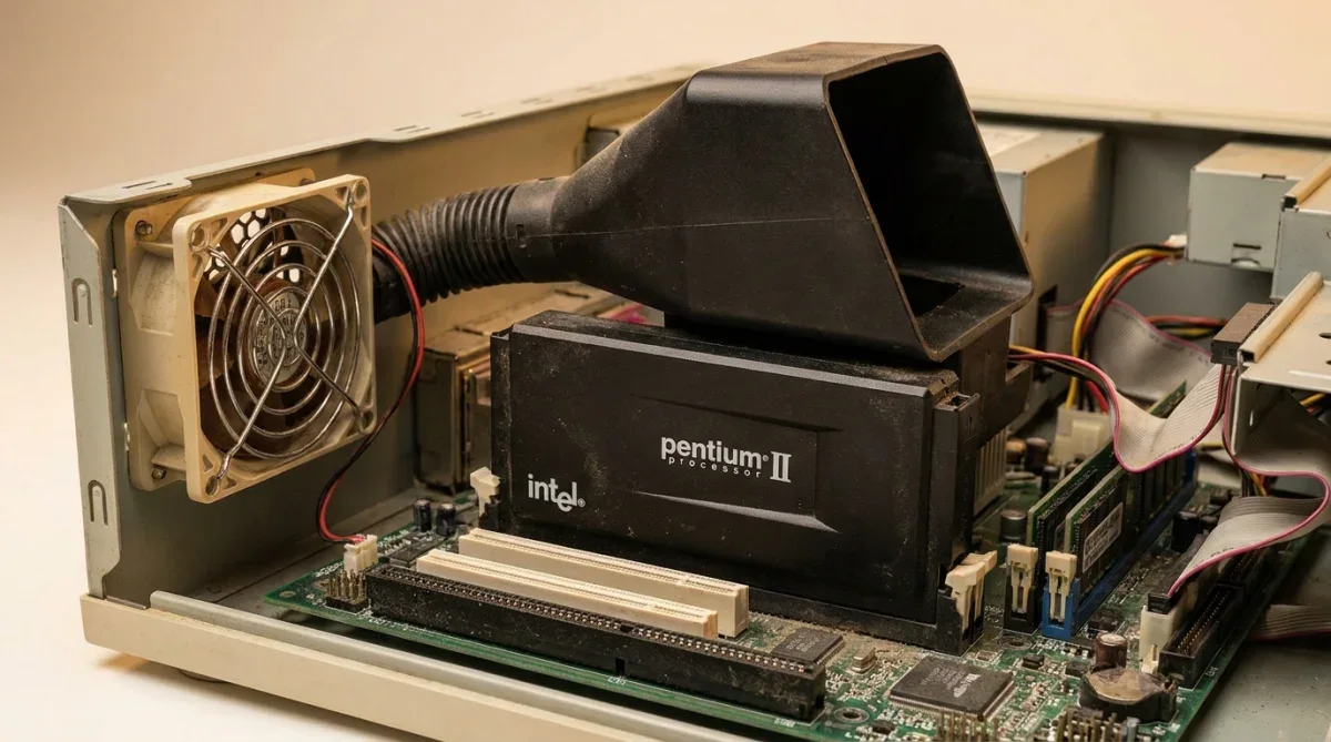 Cartucho de processador Pentium II instalado em placa-mãe antiga com duto de ar plástico.
