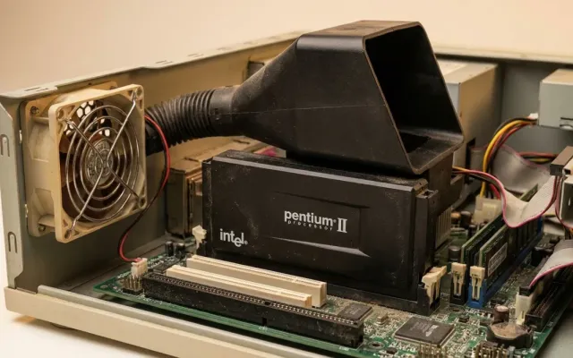 Cartucho de processador Pentium II instalado em placa-mãe antiga com duto de ar plástico.