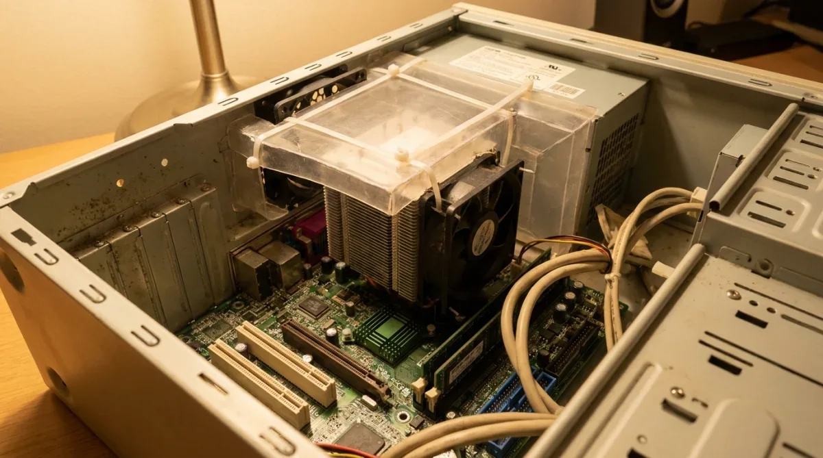 Gabinete bege vintage aberto exibindo túnel de ar de resfriamento sobre o dissipador de calor.