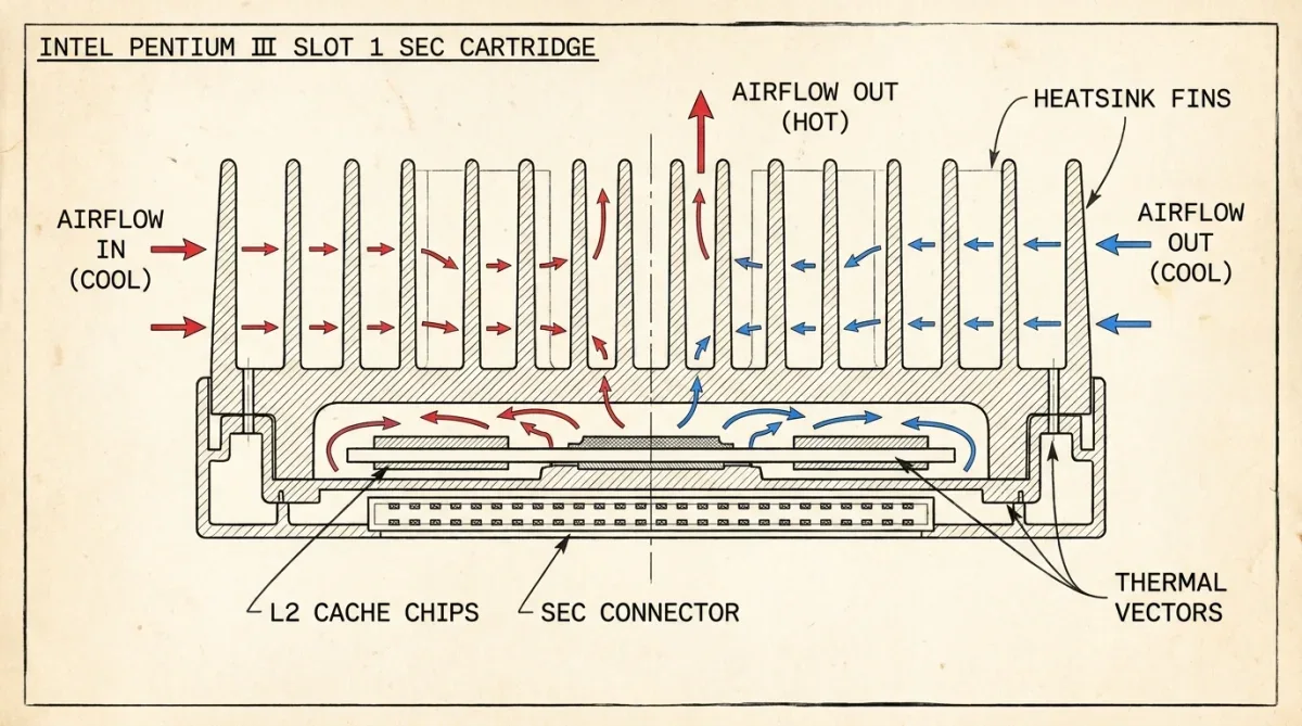 Estrutura interna do cartucho SECC do processador com dissipador e chips de memória cache.