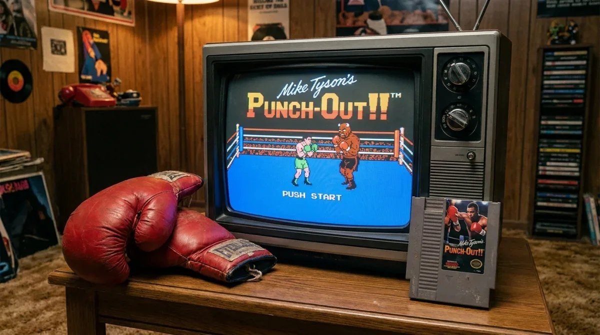 Cartucho clássico e tela do jogo de boxe Punch-Out da Nintendo em televisão retrô