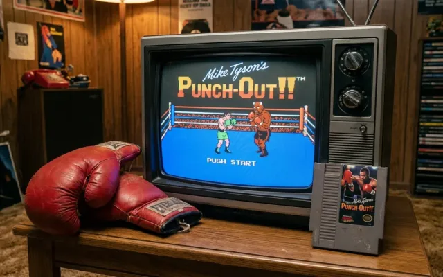 Cartucho clássico e tela do jogo de boxe Punch-Out da Nintendo em televisão retrô