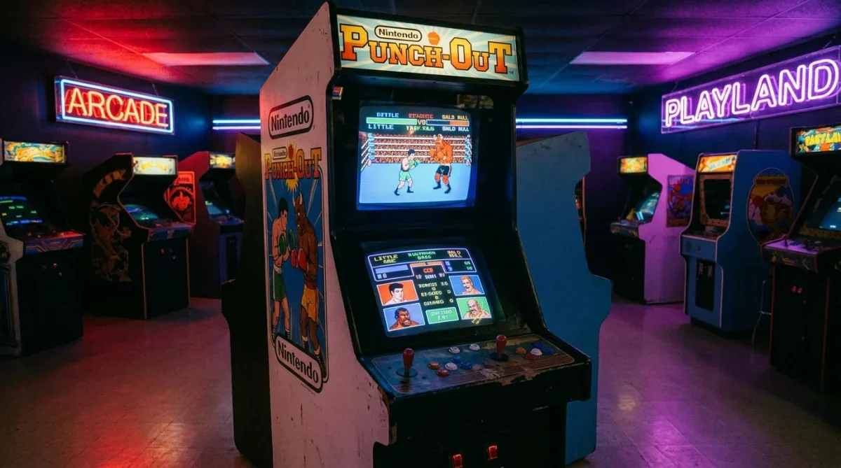 Gabinete de arcade clássico de Punch-Out com telas duplas iluminadas