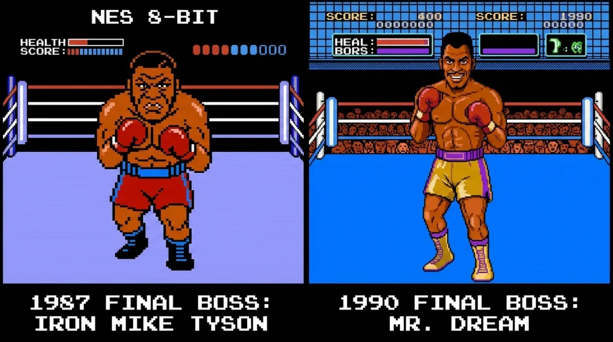 Comparação dos chefões finais pixelados do jogo Punch-Out no Nintendinho
