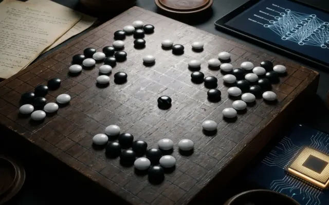 Tabuleiro tradicional do jogo de Go com pedras pretas e brancas iluminadas em clima de confronto histórico