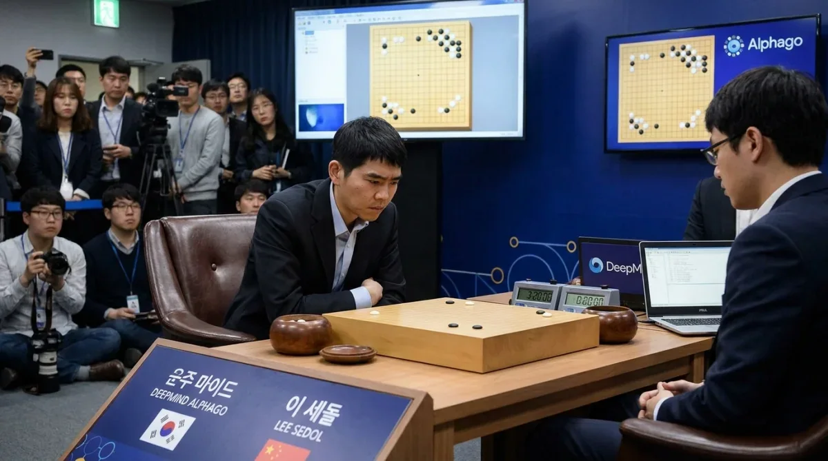 Grande mestre Lee Sedol concentrado analisando o tabuleiro durante o duelo contra a AlphaGo em Seul