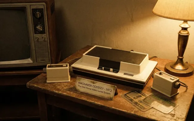 Console Magnavox Odyssey original de 1972 com controles e sobreposições plásticas de tela sobre mesa de madeira