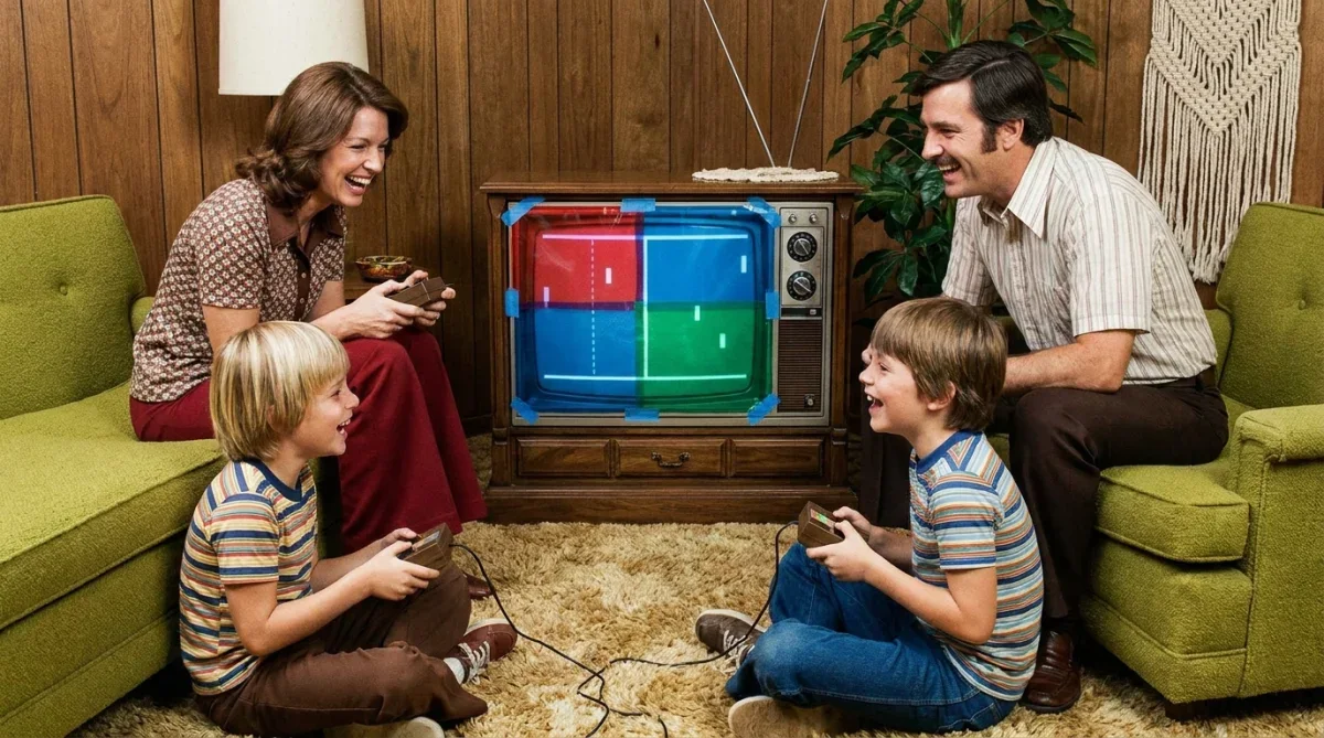 Pessoas na sala de estar dos anos 1970 jogando videogame em televisão de tubo com película plástica colorida colada na tela