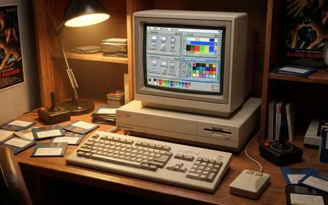 Computador Commodore Amiga 1000 clássico sobre uma mesa com disquetes e monitor CRT em 1985
