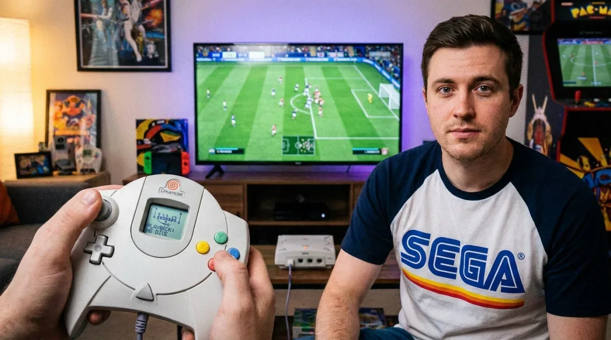 Jogador segurando o controle do Dreamcast com foco nas informações visíveis na tela LCD durante a partida.