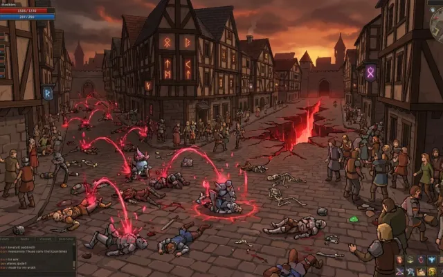 Jogadores caídos nas ruas de uma cidade virtual durante o incidente da praga Corrupted Blood em World of Warcraft