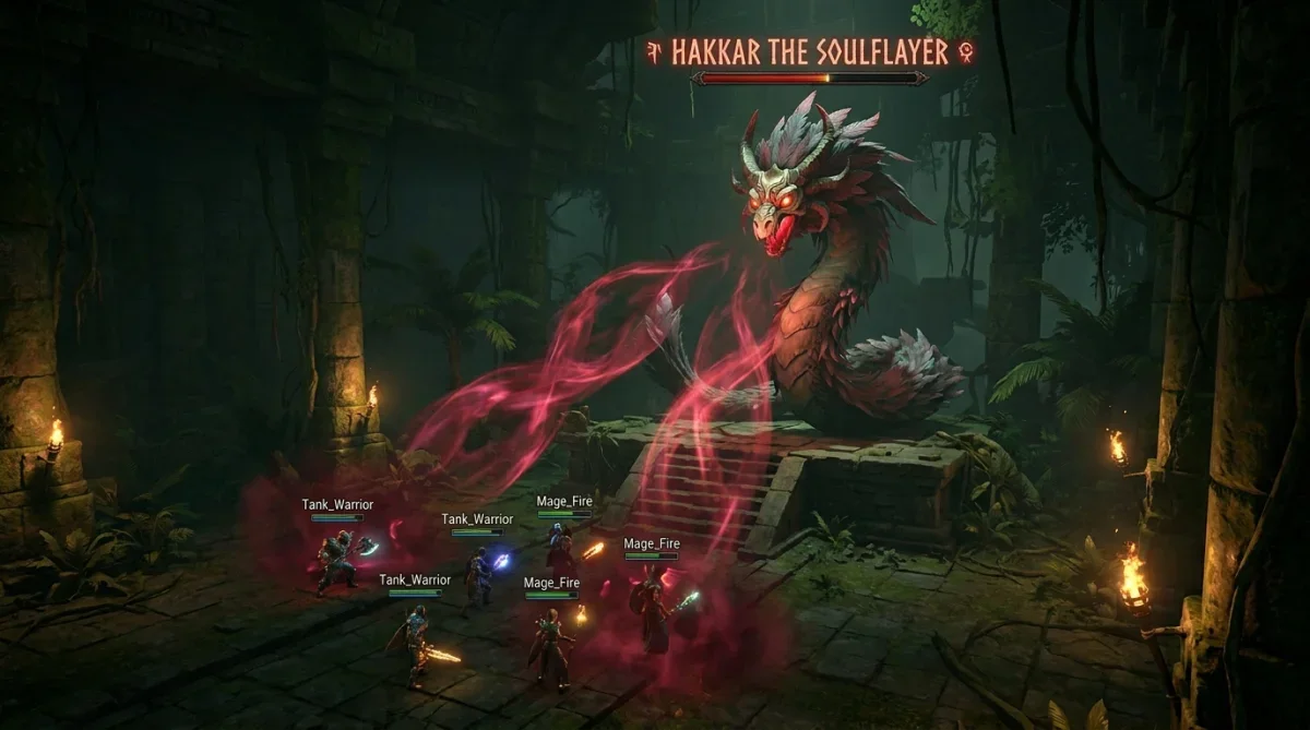 O chefe Hakkar no templo de Zul'Gurub aplicando a magia de sangue nos jogadores
