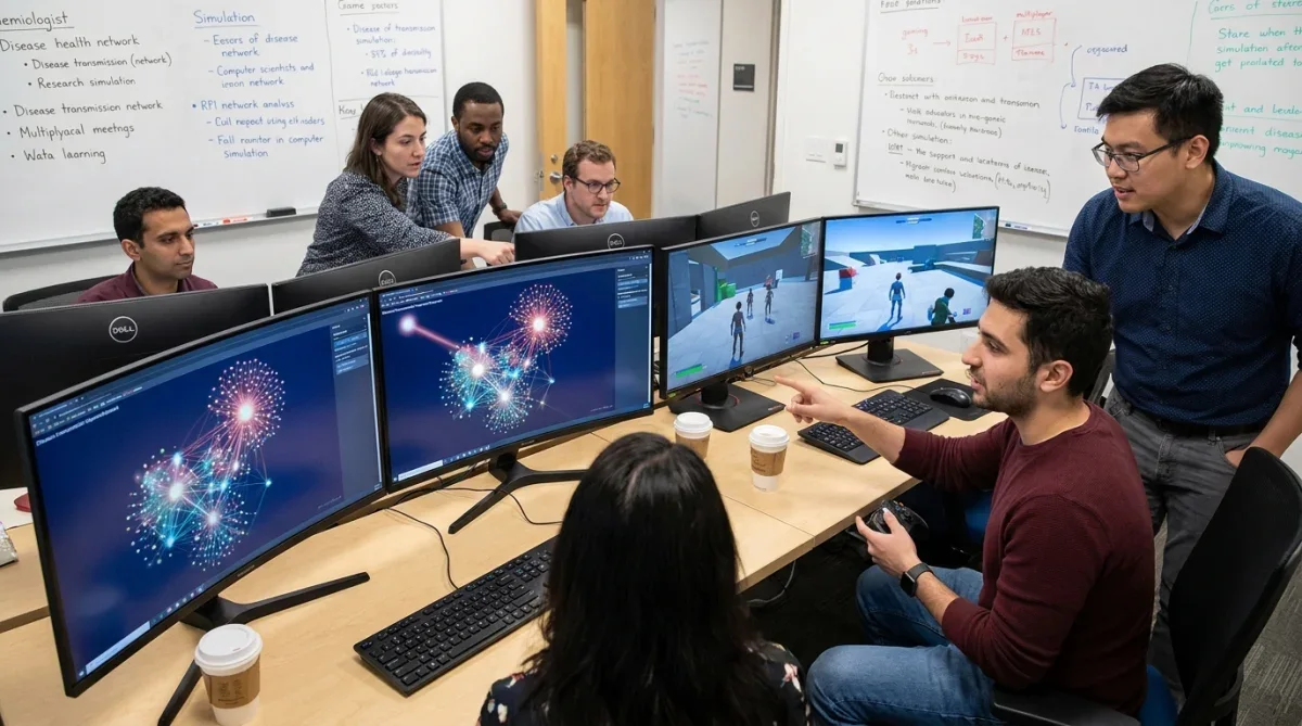 Pesquisadores analisando dados de transmissão e propagação de doenças em modelos computacionais