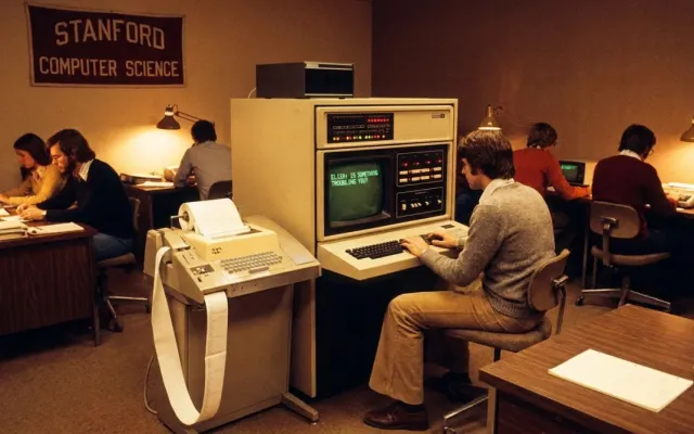 Terminal de computador vintage dos anos 1970 em laboratório de inteligência artificial em Stanford