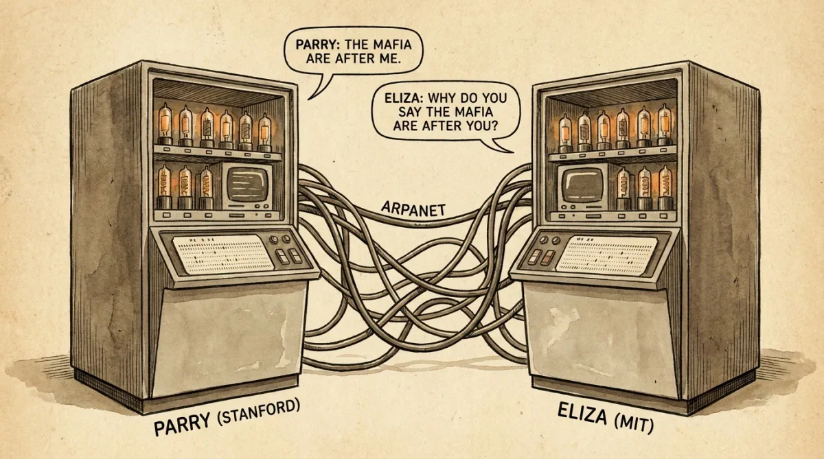 Representação artística da conexão ARPANET entre os computadores de Stanford e MIT em 1972