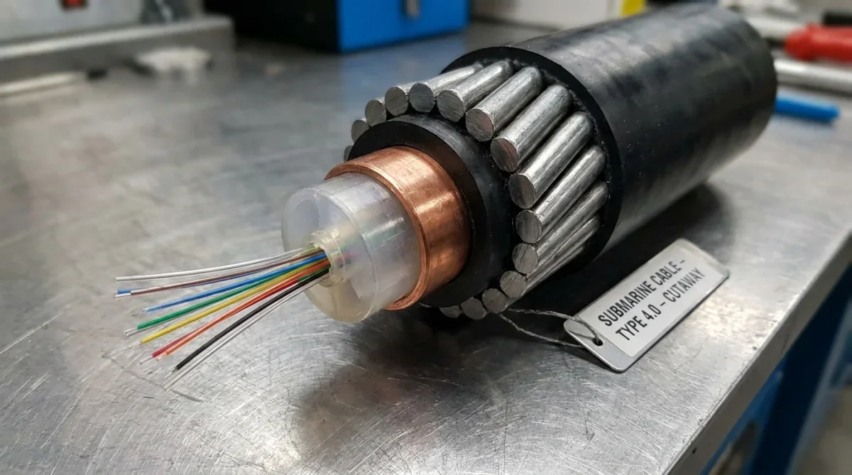 Camadas internas de proteção de um cabo submarino de fibra óptica expostas em detalhes.