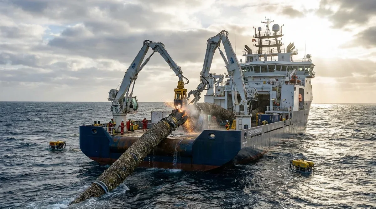 Navio especializado realizando o reparo e manutenção de cabos de telecomunicação no oceano.
