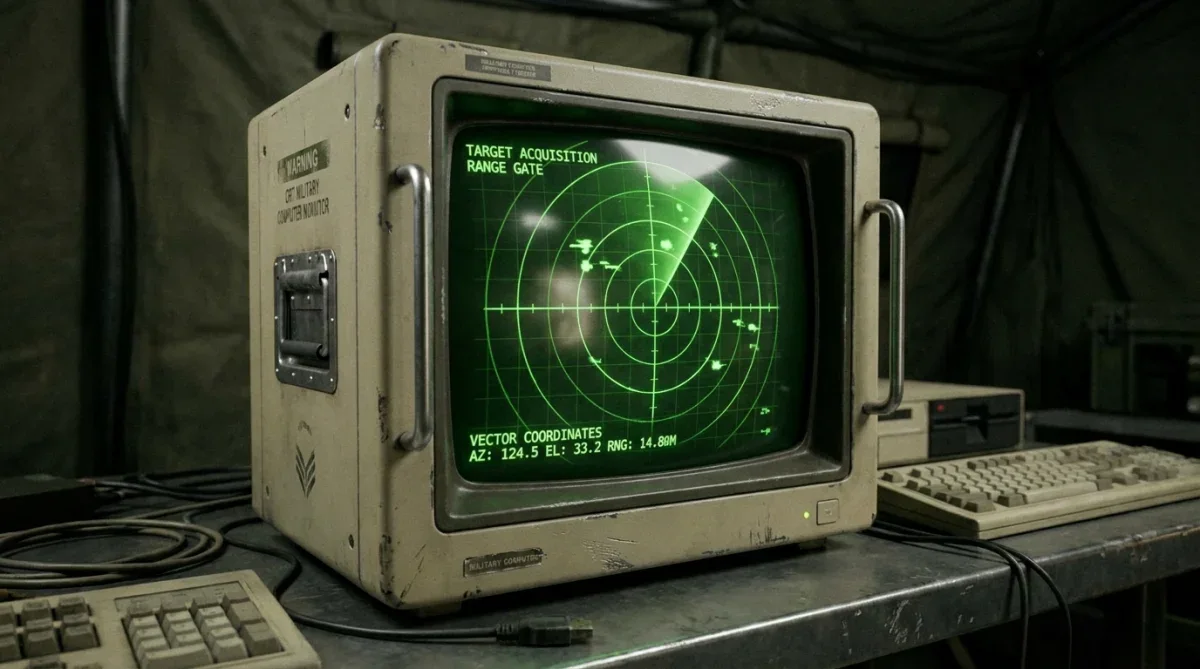 Tela de radar militar antigo exibindo coordenadas e rastreamento de alvos com gráficos verdes.