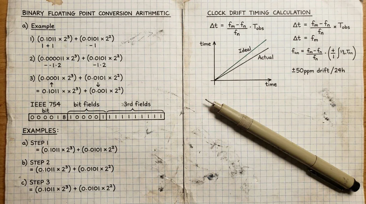 Esquema técnico demonstrando cálculos binários e desvio de tempo de processamento.