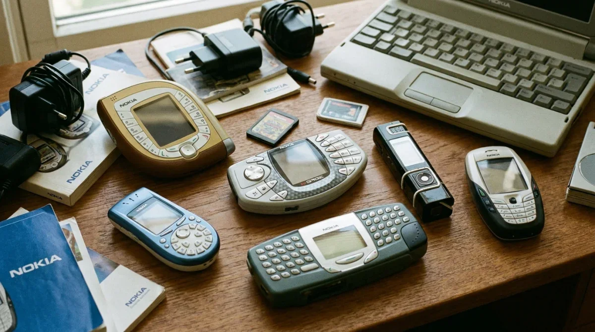 Coleção de celulares clássicos da Nokia dos anos 2000 incluindo o Nokia 7600 e outros modelos experimentais.