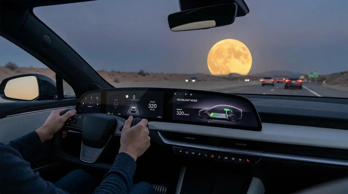 Lua cheia no horizonte vista do interior de um carro elétrico moderno.