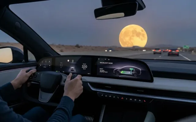 Lua cheia no horizonte vista do interior de um carro elétrico moderno.