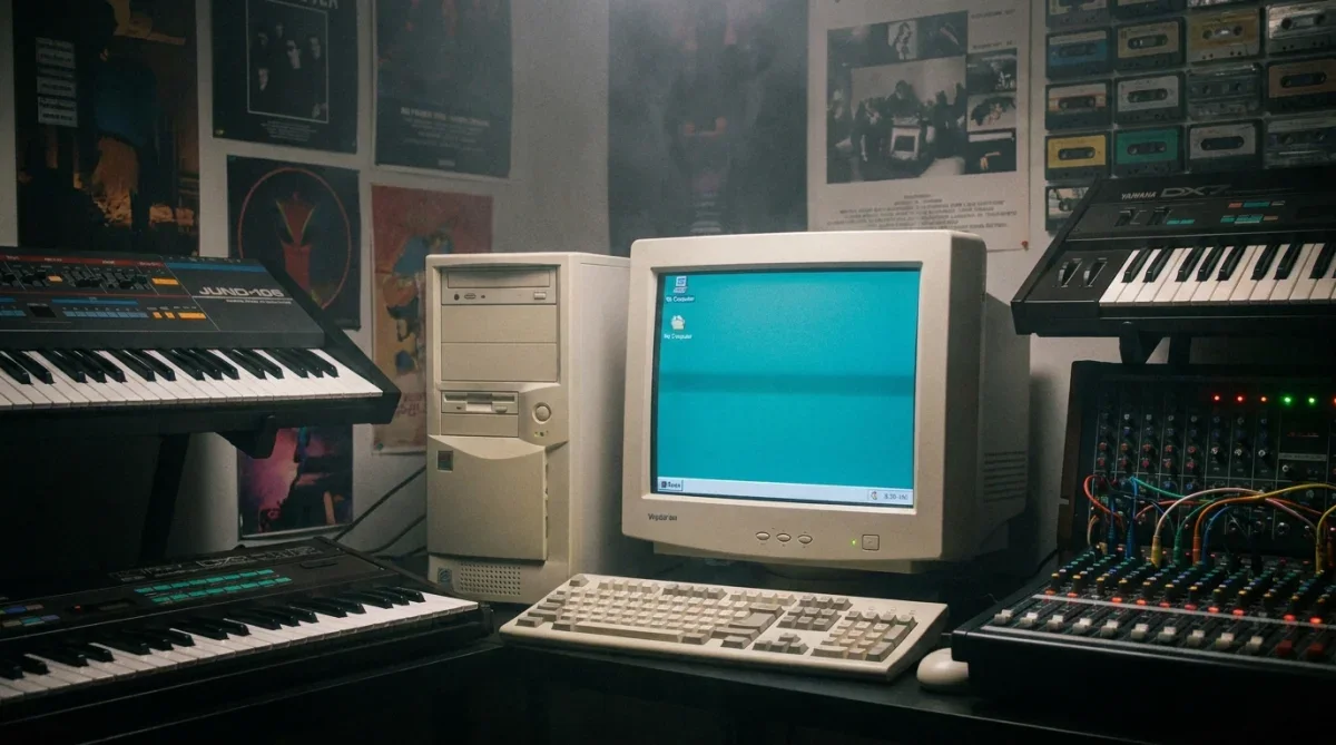 Computador antigo com monitor de tubo exibindo o logotipo clássico do Windows 95 ao lado de sintetizadores musicais.
