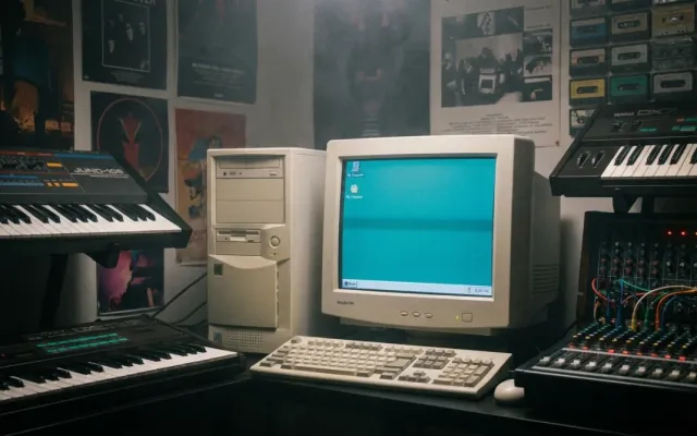 Computador antigo com monitor de tubo exibindo o logotipo clássico do Windows 95 ao lado de sintetizadores musicais.