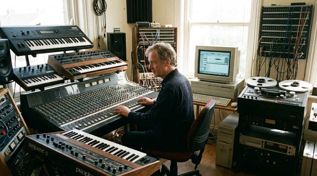 Produtor musical em estúdio dos anos noventa compondo com sintetizadores e computador antigo.