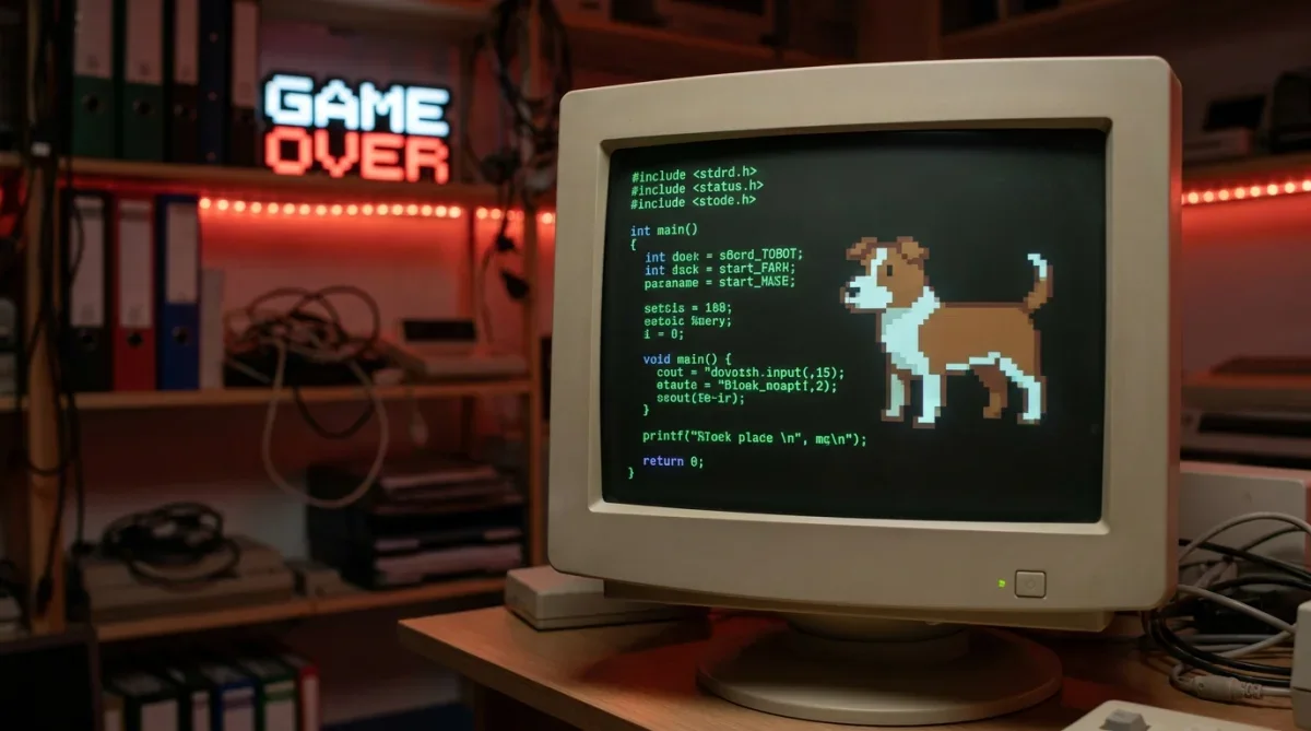 Monitor antigo exibindo linhas de programação e a imagem secreta de um animal de estimação dos criadores de Doom.