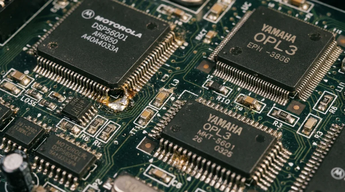 Componentes eletrônicos e processador digital de sinal dos anos noventa em placa de circuito.