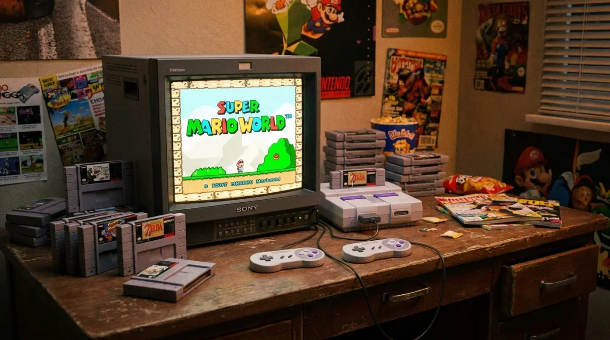 Mesa com videogame Super Nintendo conectado a uma televisão de tubo clássica dos anos 90.