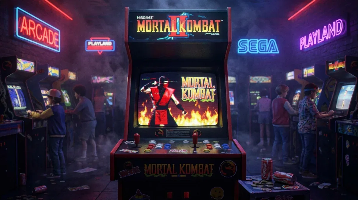 Gabinete de arcade de Mortal Kombat exibindo um misterioso ninja vermelho na tela de tubo dos anos noventa.