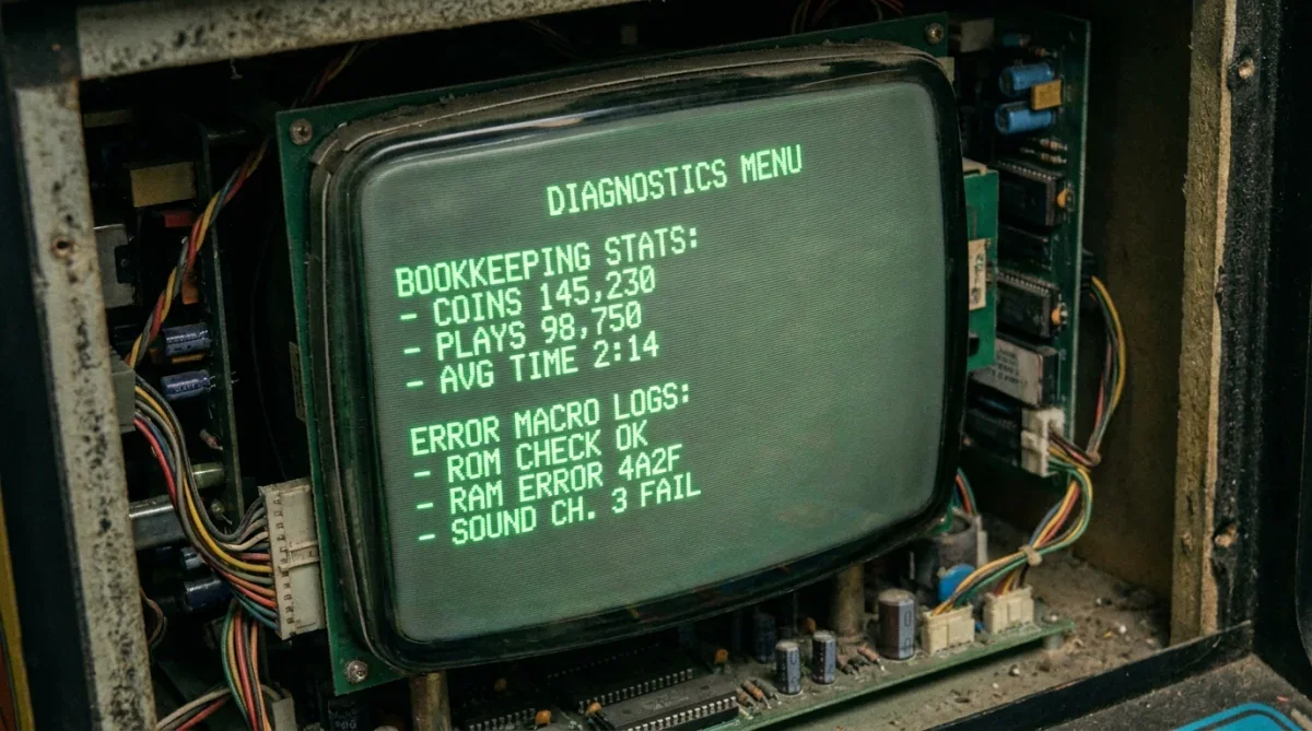 Tela de diagnóstico de máquina de arcade antiga exibindo estatísticas internas e registros de erros do sistema.