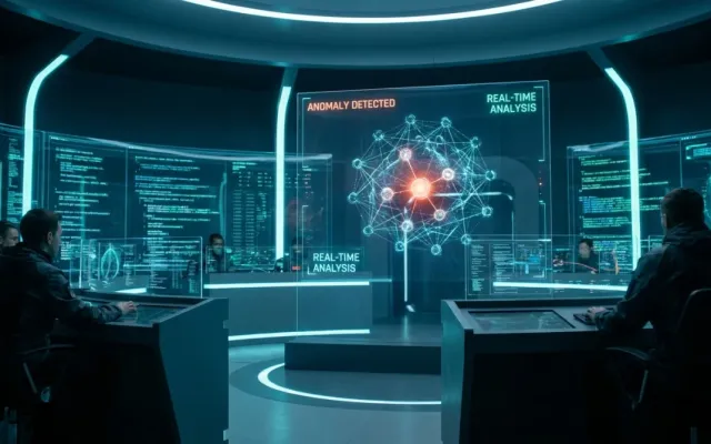 Painel digital de inteligência artificial monitorando segurança de dados corporativos em tempo real.