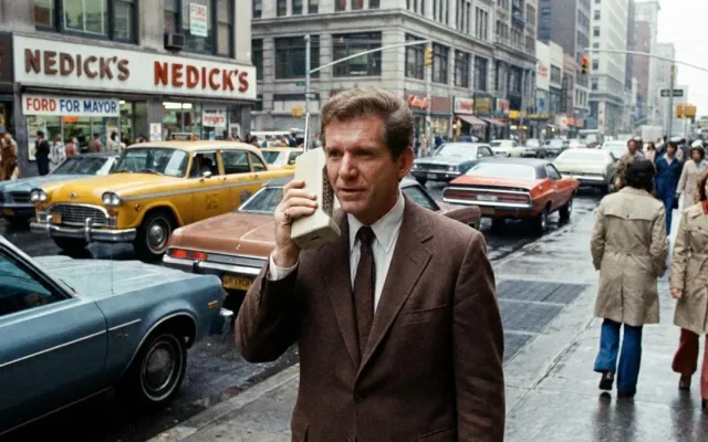 Martin Cooper segurando o protótipo de celular Motorola DynaTAC nas ruas de Nova York em 1973