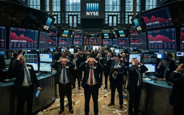 Monitores de negociação financeira exibindo gráficos em queda durante o incidente da Knight Capital.