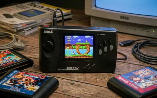 Console portátil Sega Nomad ligado exibindo jogo clássico de Mega Drive em 1995.