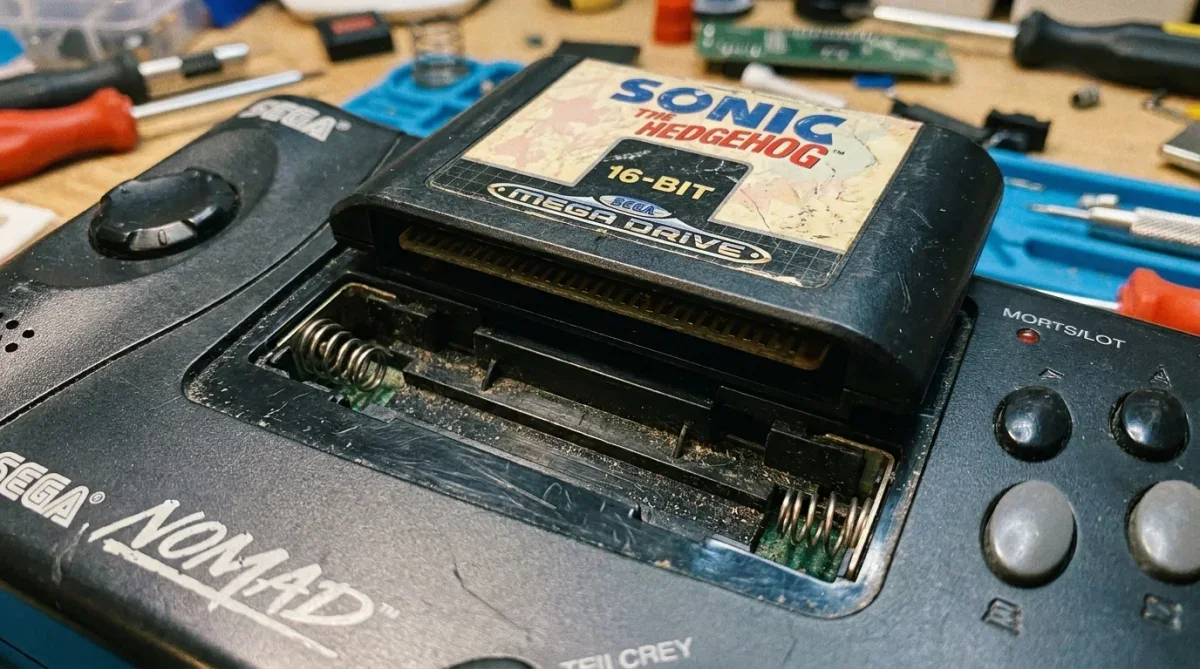 Cartucho original de Mega Drive encaixado na parte superior do portátil Sega Nomad.