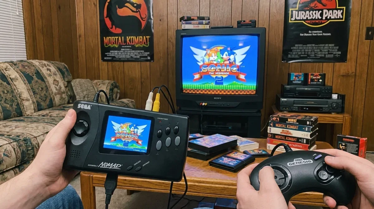 Sega Nomad conectado a uma televisão de tubo com controle extra para dois jogadores.