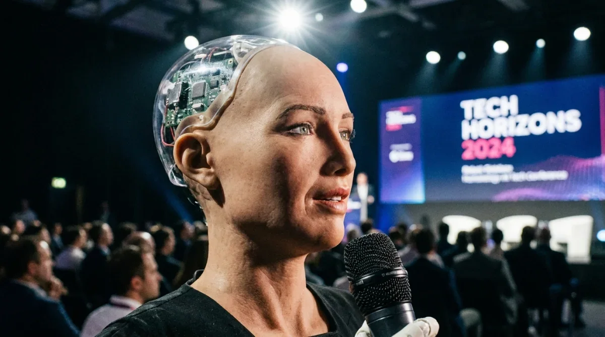 Robô humanoide Sophia discursando em conferência de tecnologia em palco iluminado