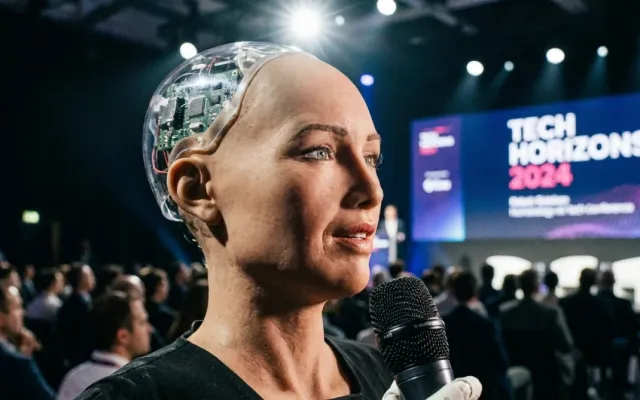 Robô humanoide Sophia discursando em conferência de tecnologia em palco iluminado