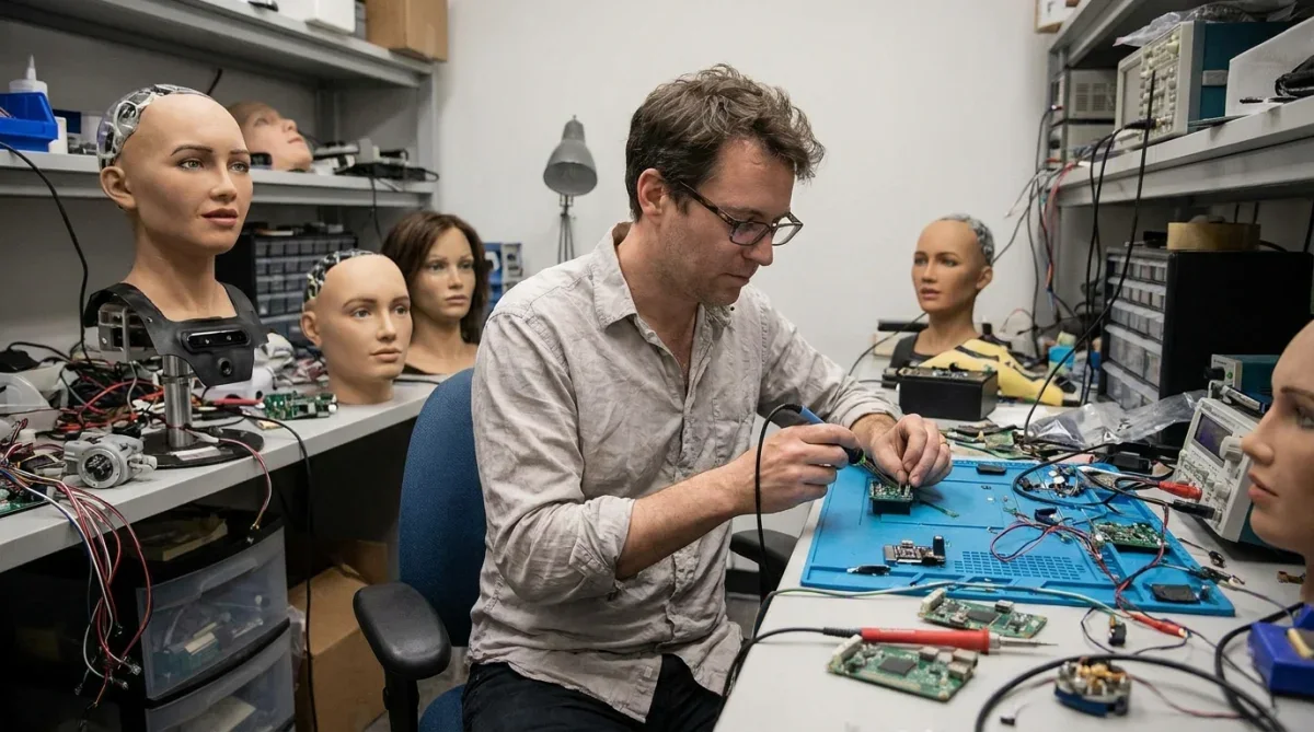 Laboratório de robótica com protótipos de cabeças mecânicas e circuitos eletrônicos